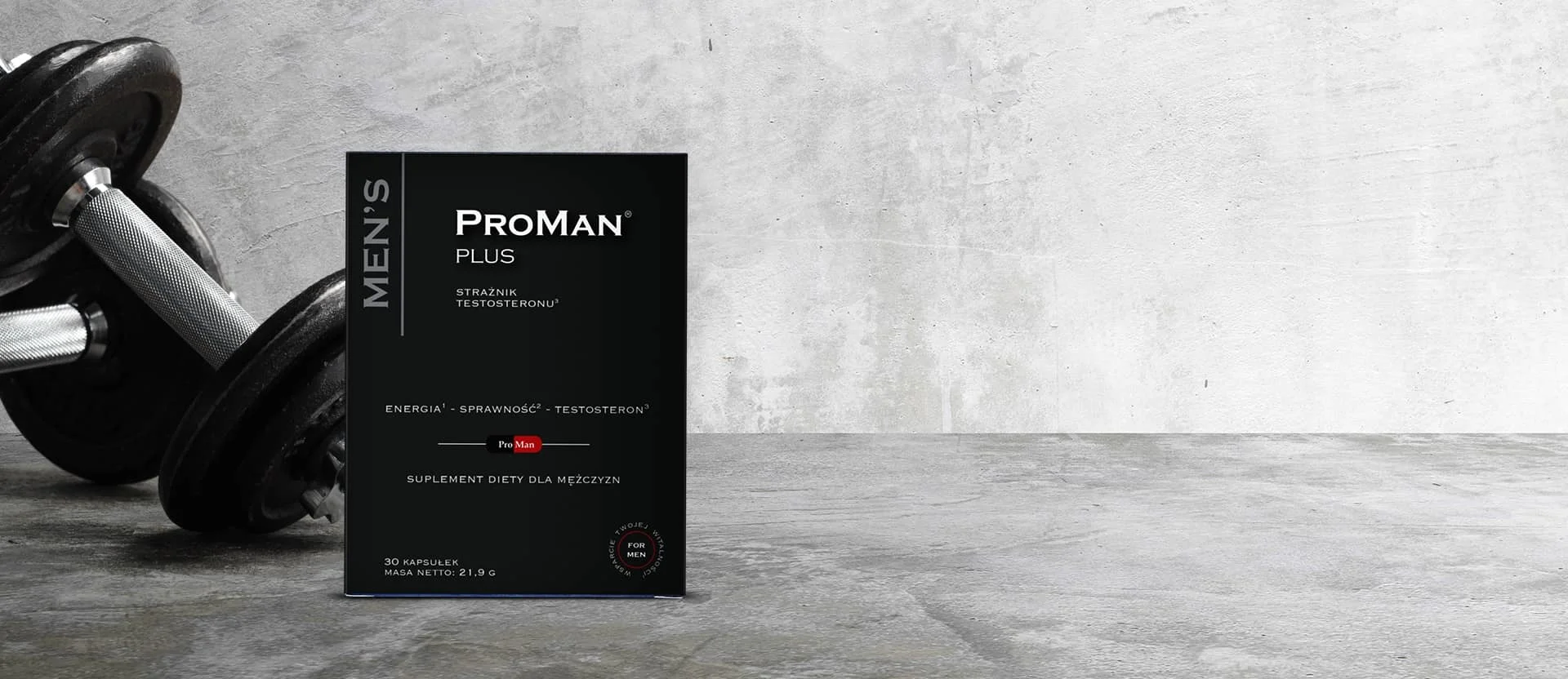 Natural Pharmaceuticals ProMan® Plus Dwa hantle na jasnym tle.