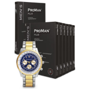 Natural Pharmaceuticals ProMan® Plus Roczny zapas oraz blister suplementu diety ProMan® Plus, pomiędzy stylowy zegarek ze srebrno-złotą bransoletą.