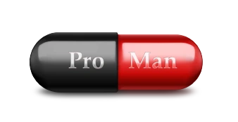 Natural Pharmaceuticals ProMan® Plus Dwukolorowa kapsułka ProMan® Plus - czarno-czerwona z napisem „Pro” na czarnej i „Man” na czerwonej części.