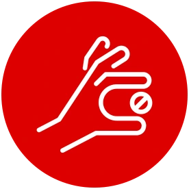 Natural Pharmaceuticals ProMan® Plus Biała ikona dłoni trzymającej tabletkę na czerwonym tle.